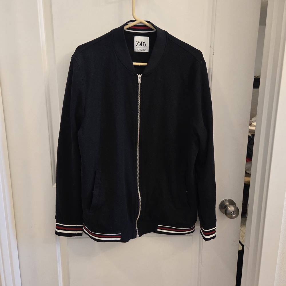 Zara Black Bomber Jacket with Striped Cuffs